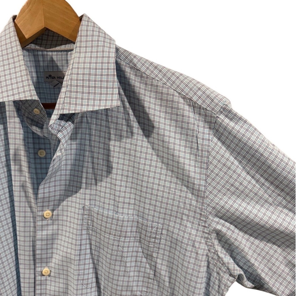 Peter Millar Mens Blue White Plaid Short Sleeve Button Down Shirt Large L
